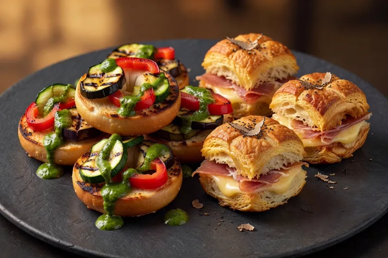 Mini bagels légumes grillés et croques monsieur
