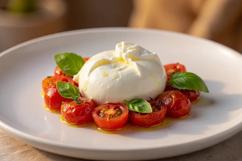 Burrata tomates confites basilic