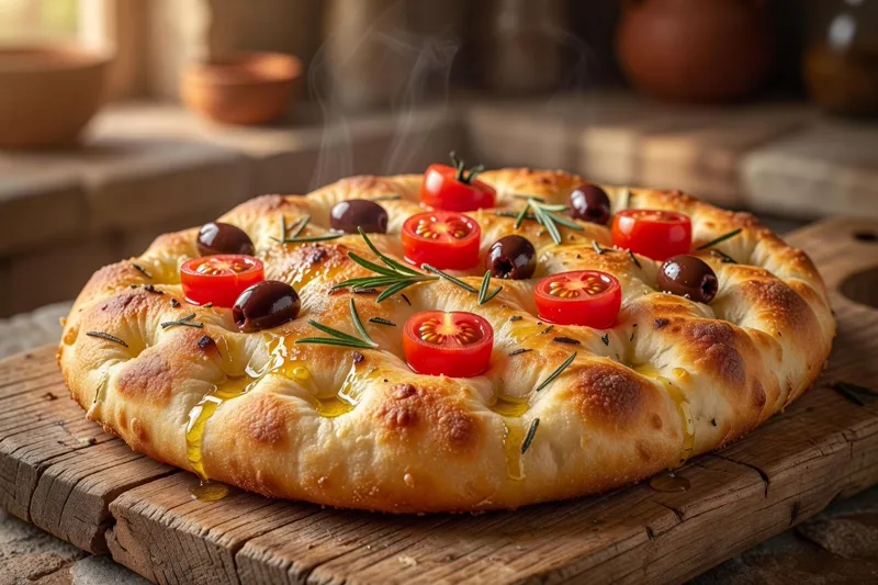 Focaccia garnie tomates olives romarin