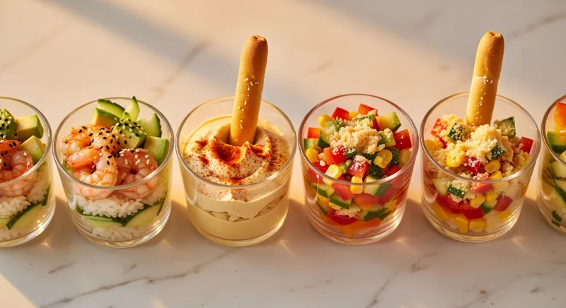 Verrines salées crevette poulpe houmous