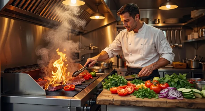 Chef préparant des plats frais sur place